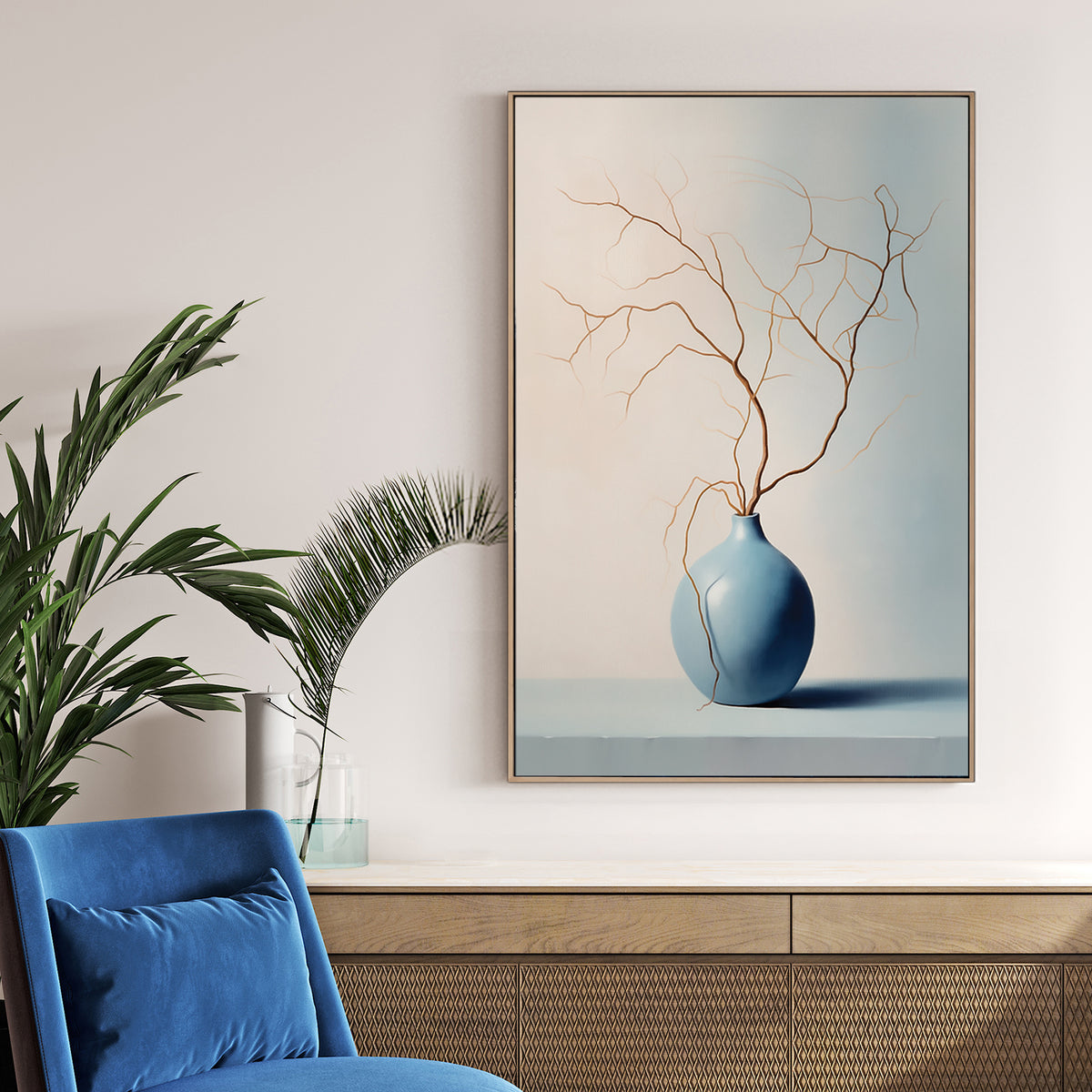 Minimalist blue vase with bare branches wall art
