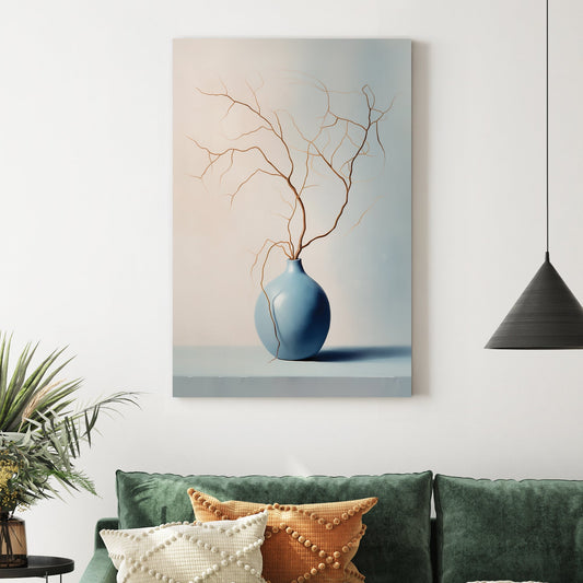 Minimalist blue vase with bare branches wall art