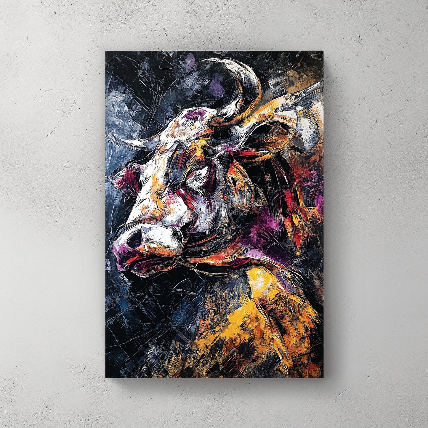 Expressionist bull portrait wall art with fiery colours