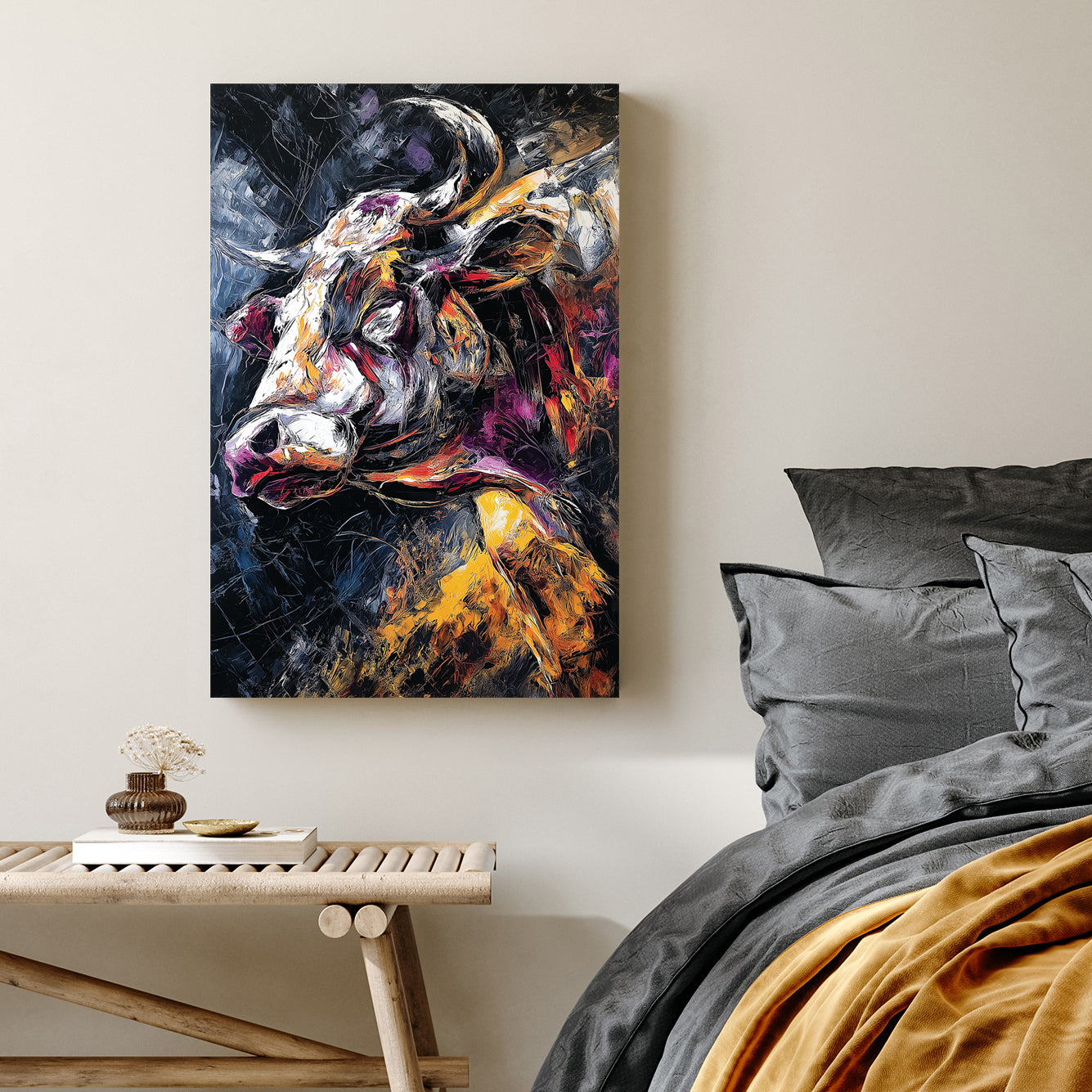 Expressionist bull portrait wall art with fiery colours