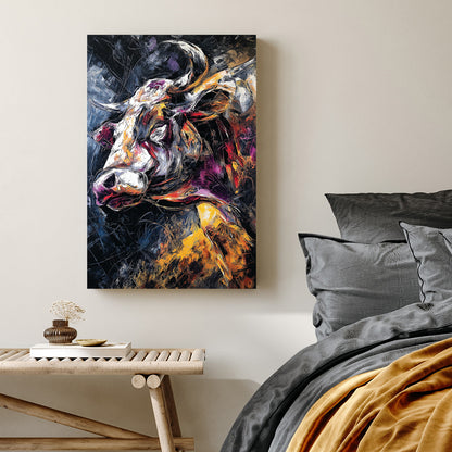Expressionist bull portrait wall art with fiery colours