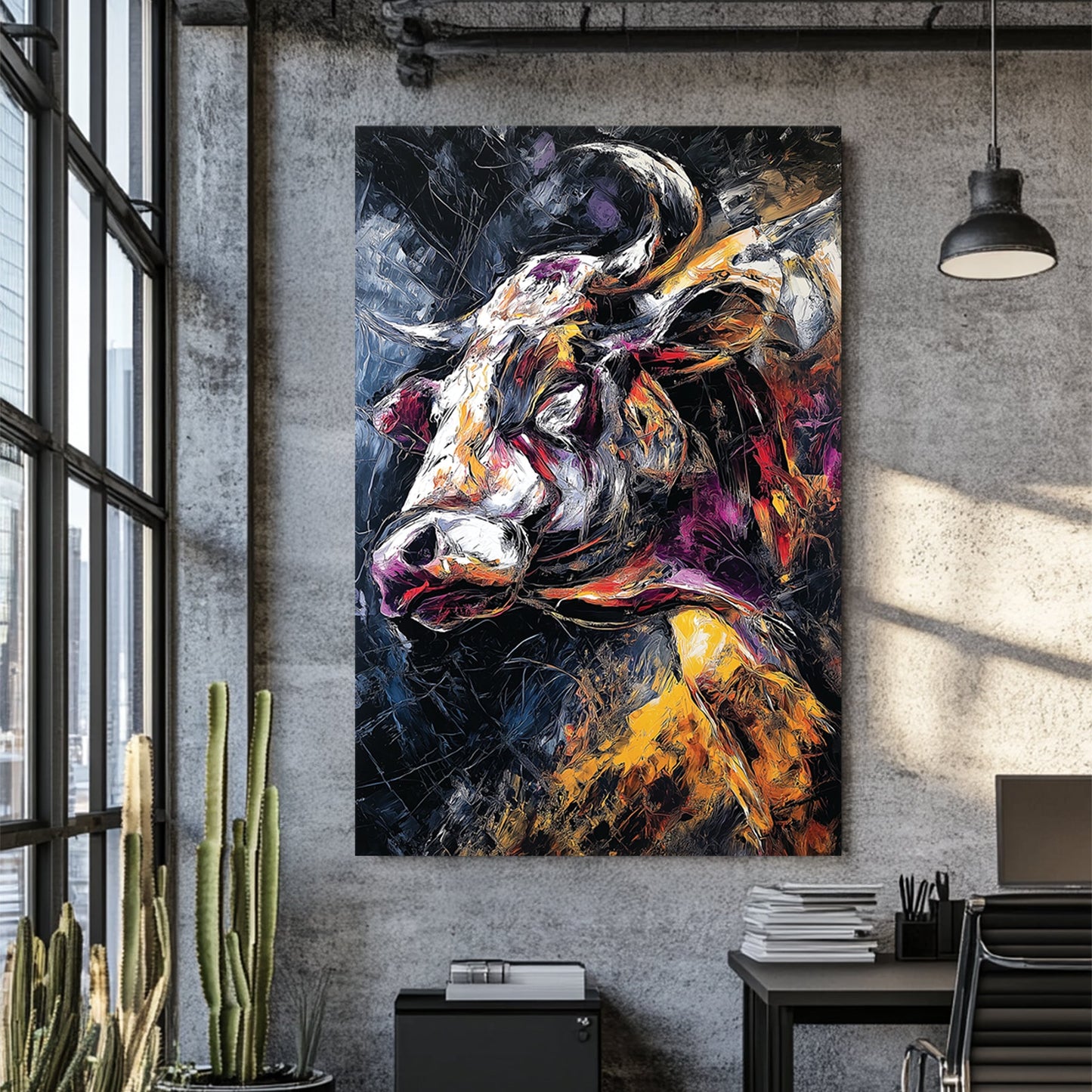 Expressionist bull portrait wall art with fiery colours