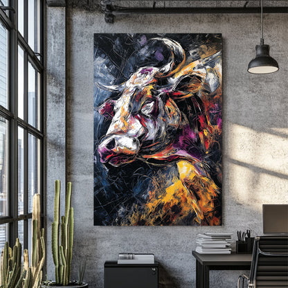 Expressionist bull portrait wall art with fiery colours