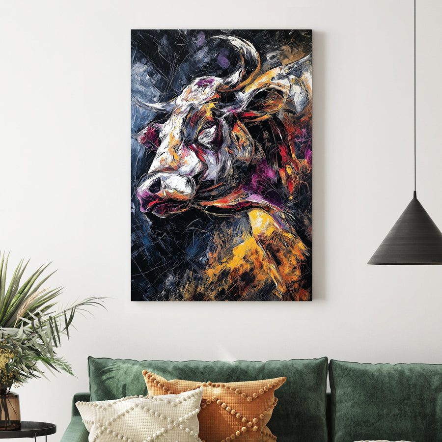 Expressionist bull portrait wall art with fiery colours