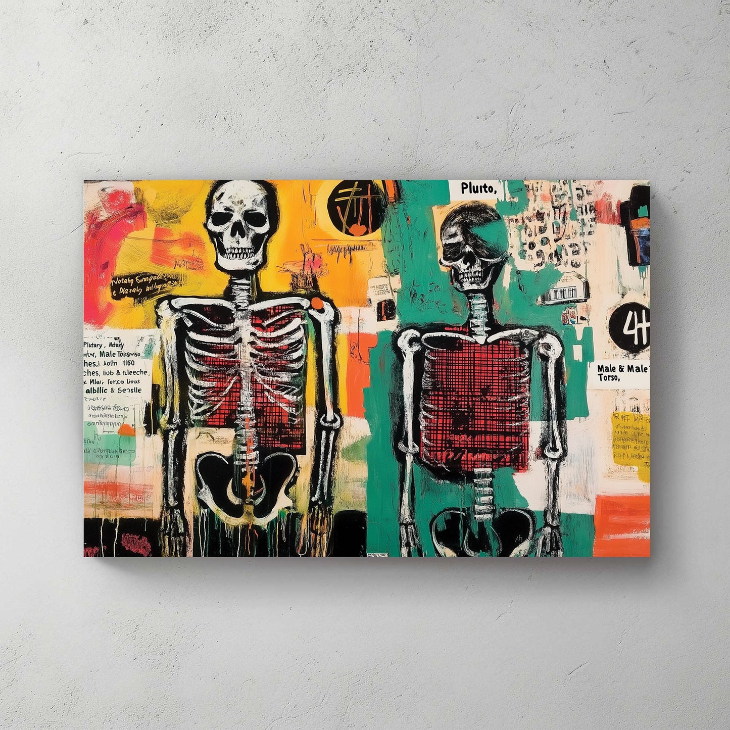Graffiti wall art featuring skeletons and chaotic text layers