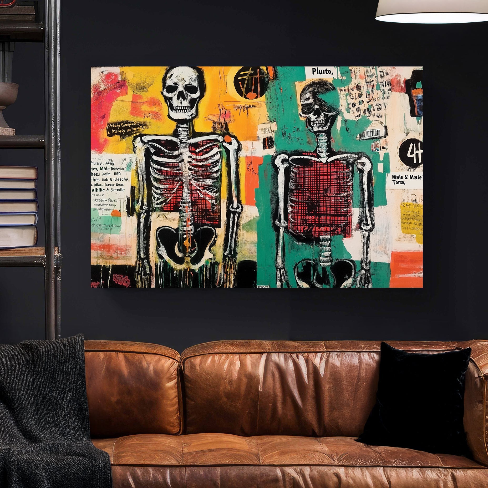 Graffiti wall art featuring skeletons and chaotic text layers