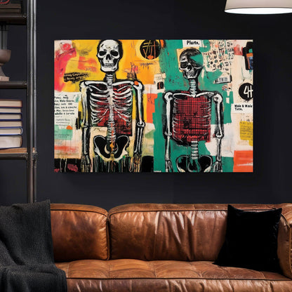 Graffiti wall art featuring skeletons and chaotic text layers
