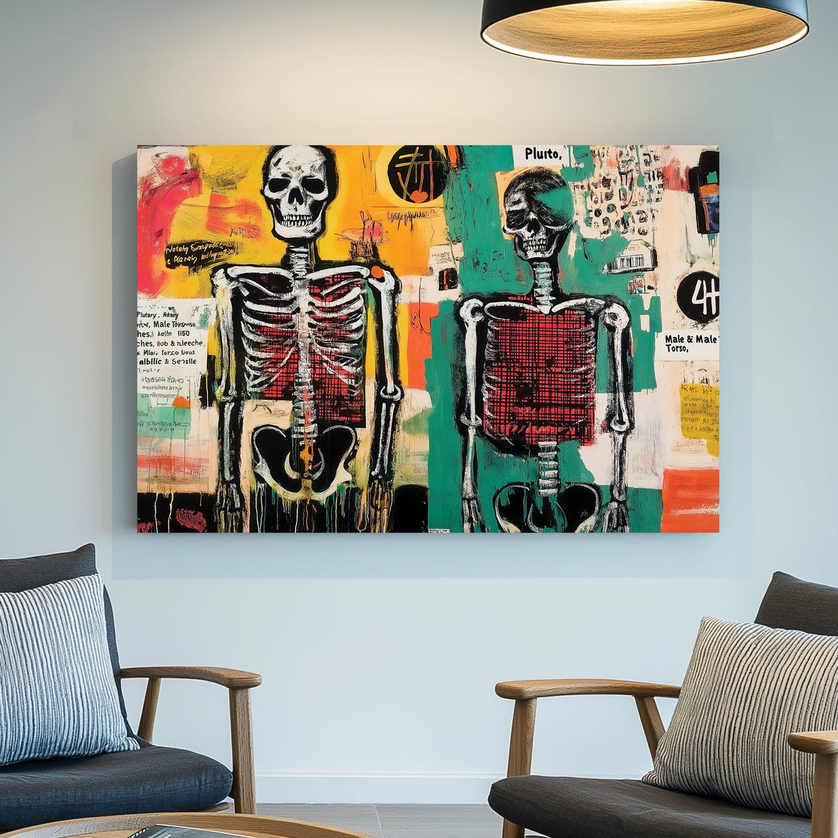 Graffiti wall art featuring skeletons and chaotic text layers