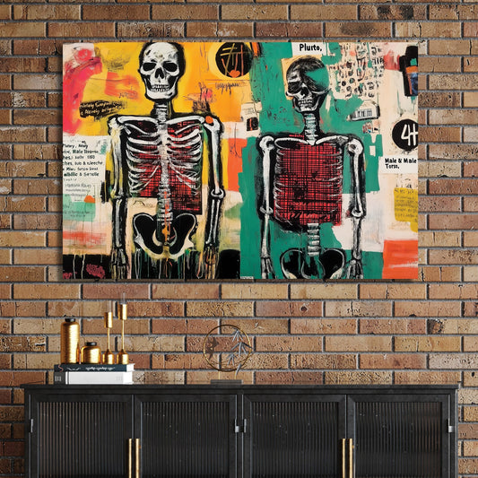 Graffiti wall art featuring skeletons and chaotic text layers