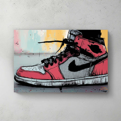 Pop art Air Jordan sneaker wall art featuring a red and black high-top shoe with graffiti accents