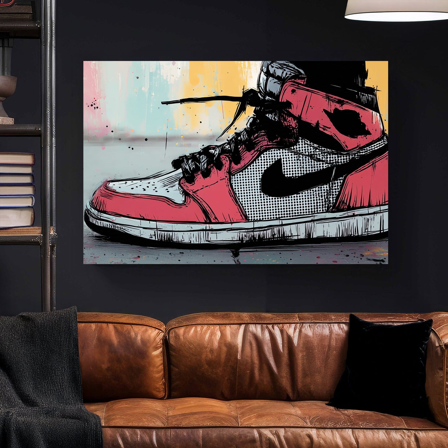 Pop art Air Jordan sneaker wall art featuring a red and black high-top shoe with graffiti accents