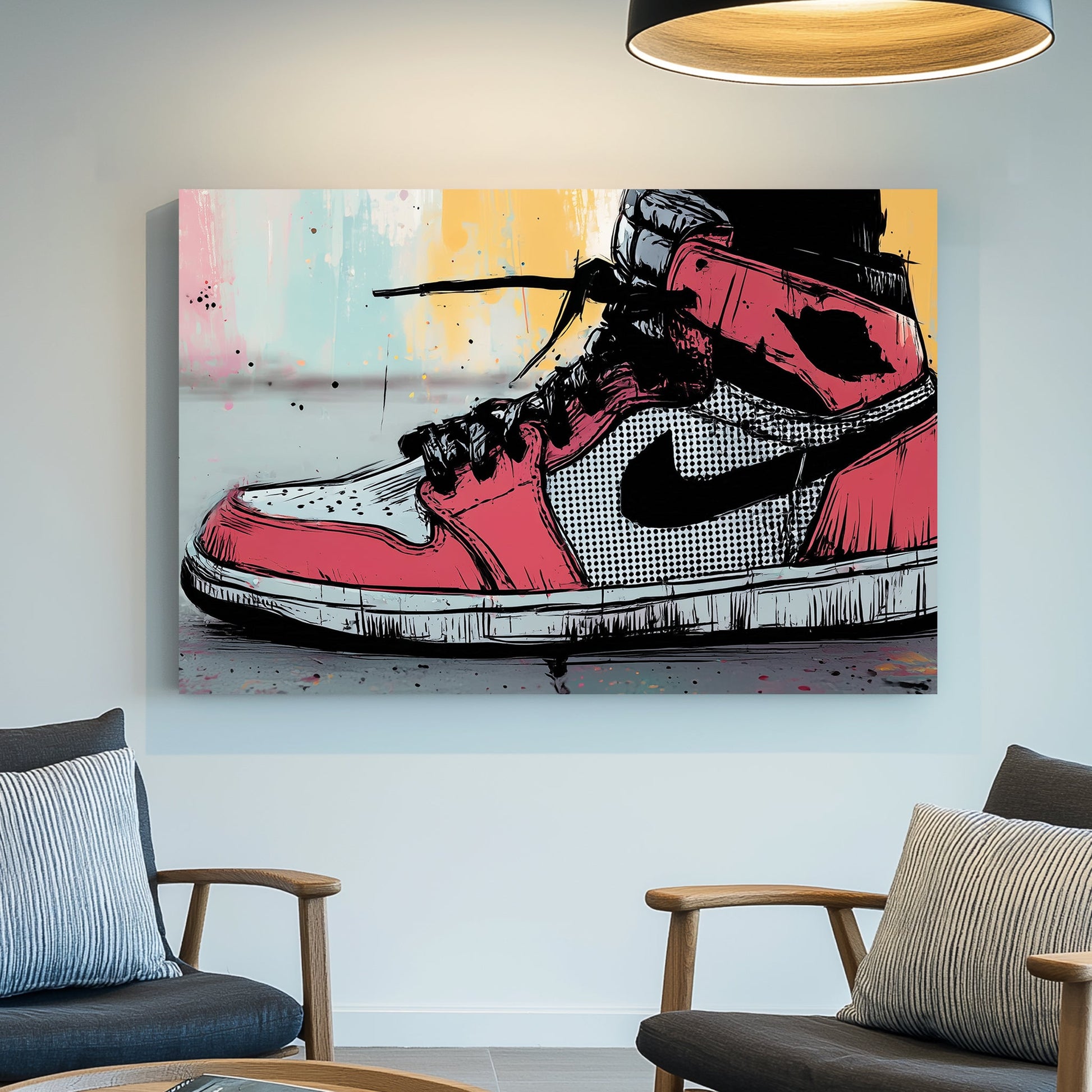 Pop art Air Jordan sneaker wall art featuring a red and black high-top shoe with graffiti accents