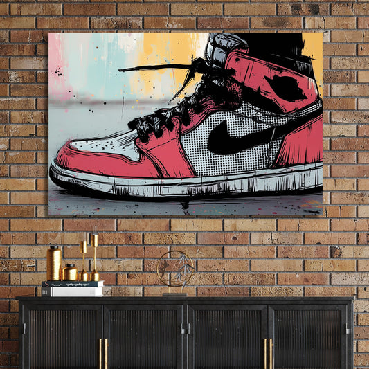Pop art Air Jordan sneaker wall art featuring a red and black high-top shoe with graffiti accents