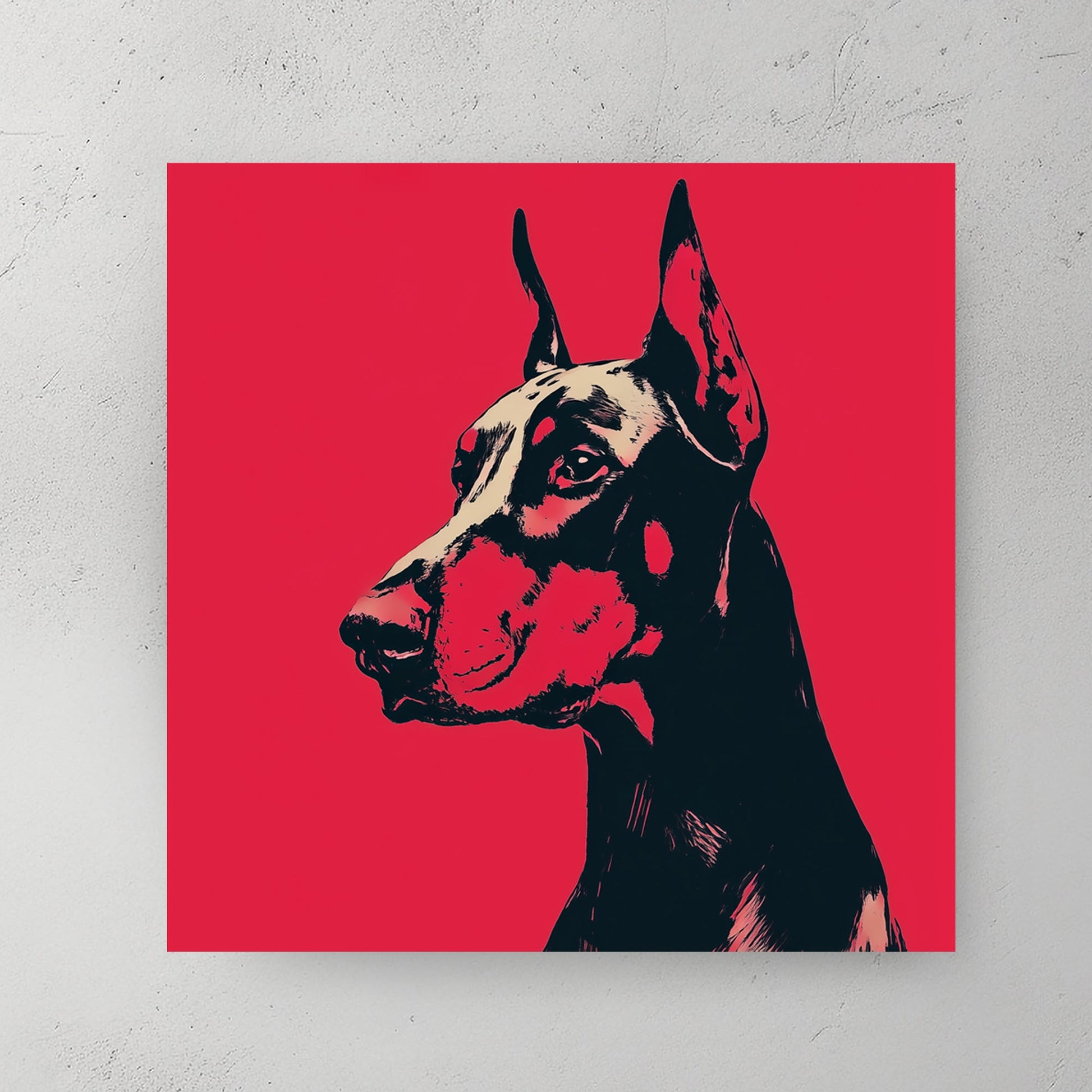 Doberman dog wall art in bold red and black pop art style