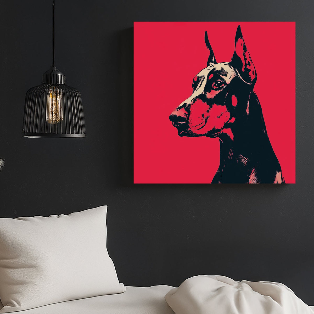 Doberman dog wall art in bold red and black pop art style