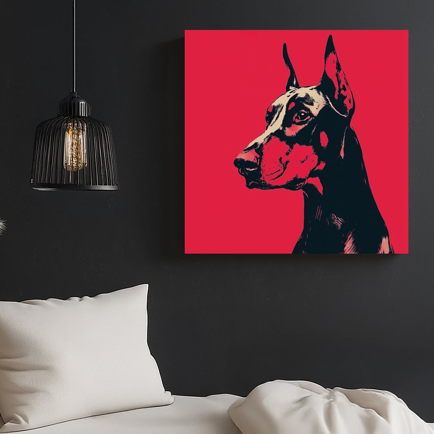 Doberman dog wall art in bold red and black pop art style
