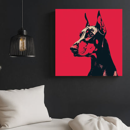 Doberman dog wall art in bold red and black pop art style