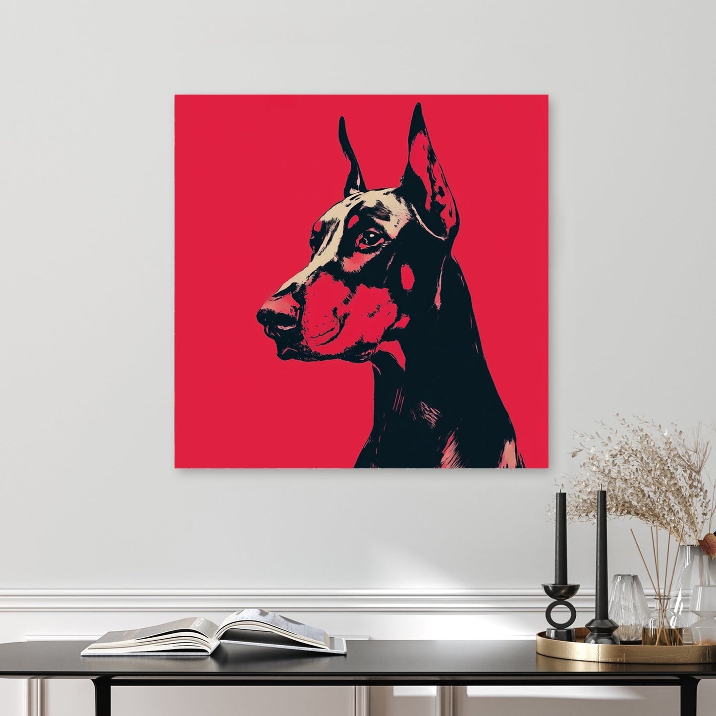 Doberman dog wall art in bold red and black pop art style