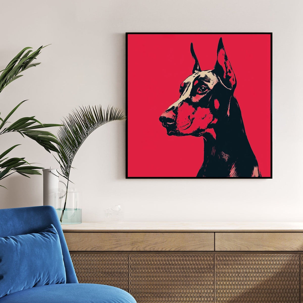 Doberman dog wall art in bold red and black pop art style