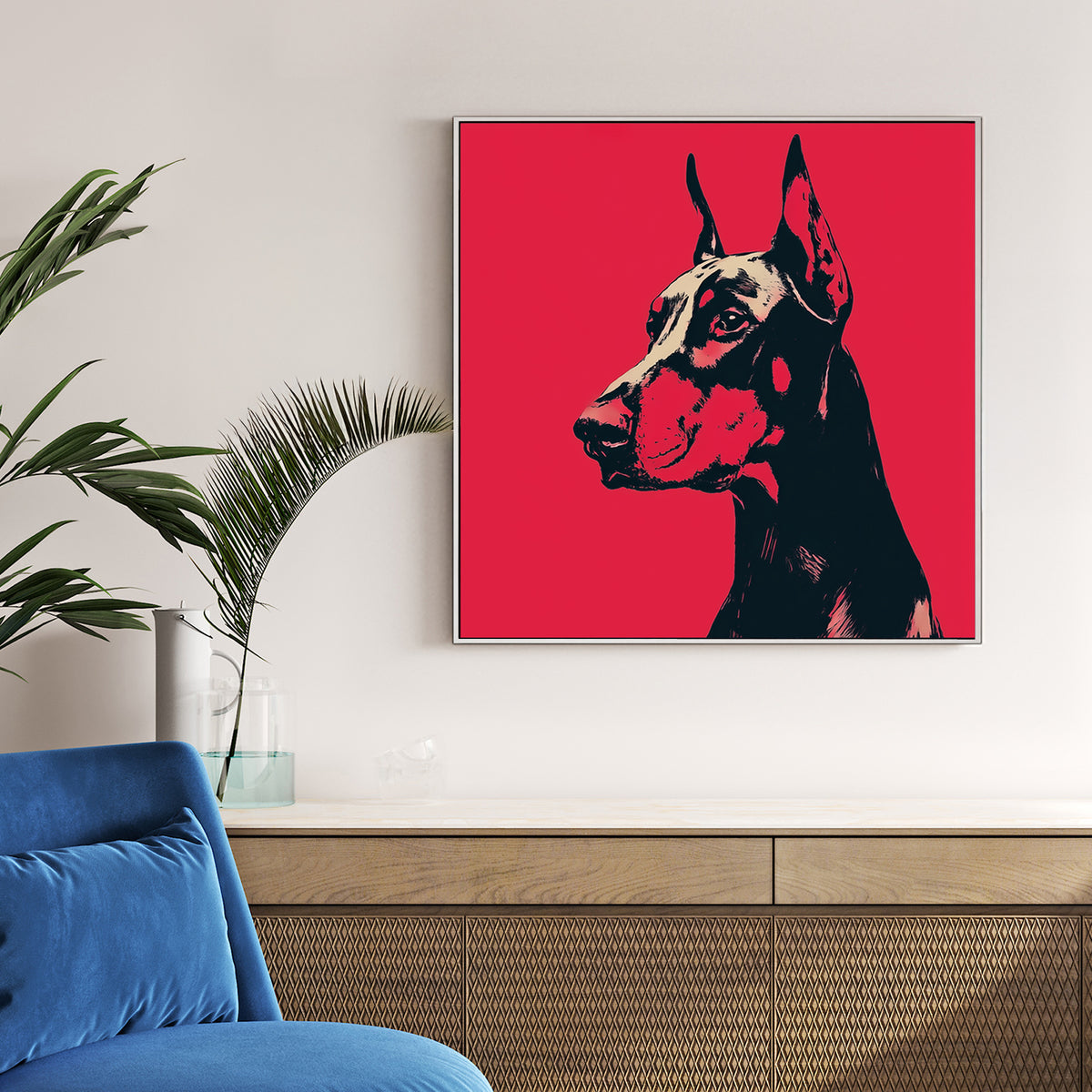 Doberman dog wall art in bold red and black pop art style