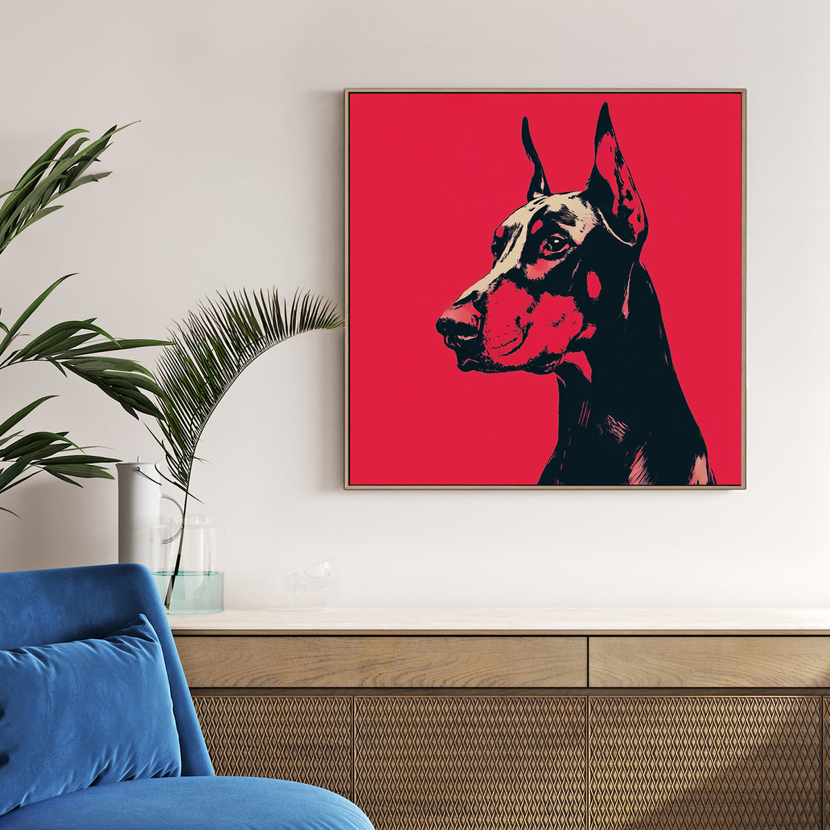 Doberman dog wall art in bold red and black pop art style