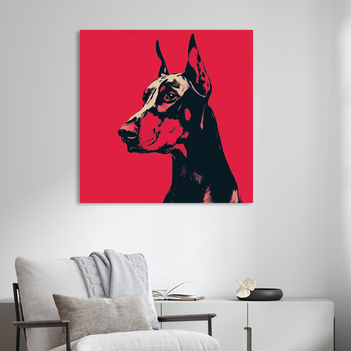 Doberman dog wall art in bold red and black pop art style