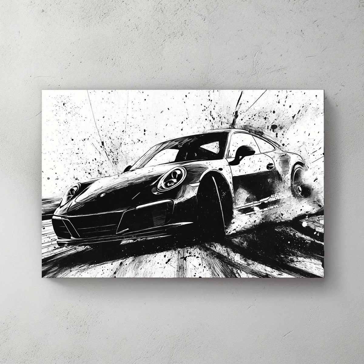 Black and white Porsche drifting wall art with ink splash style