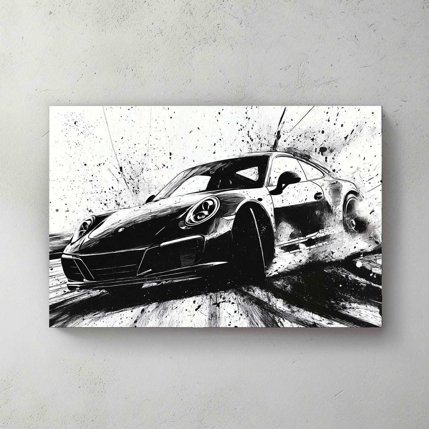 Black and white Porsche drifting wall art with ink splash style