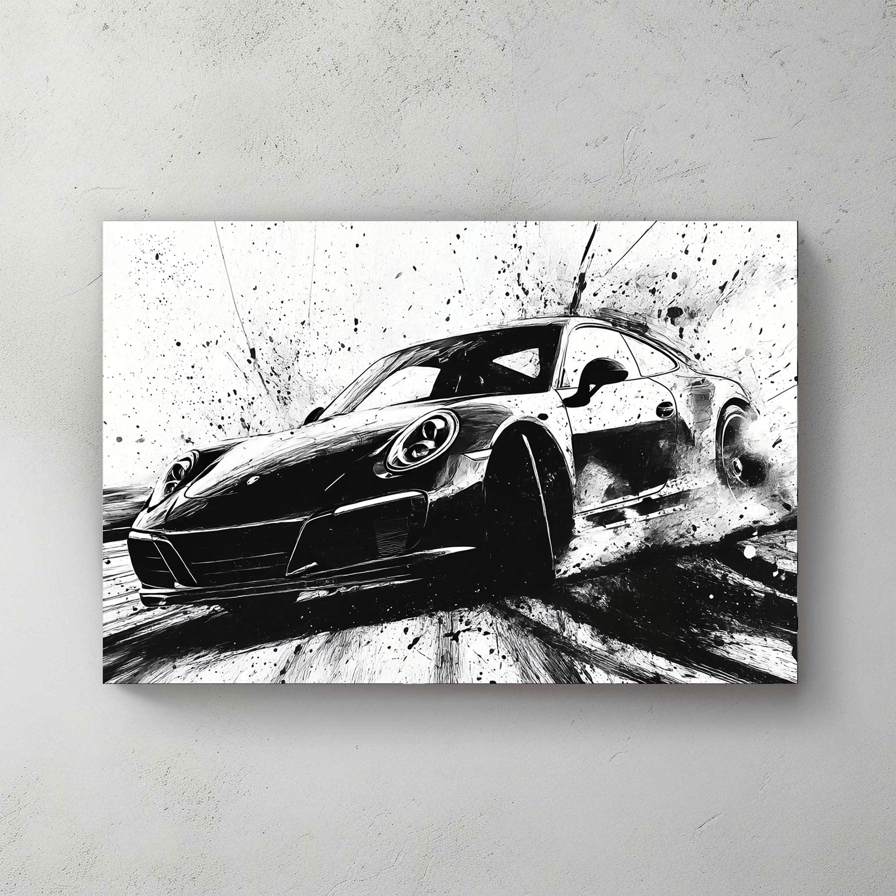 Black and white Porsche drifting wall art with ink splash style