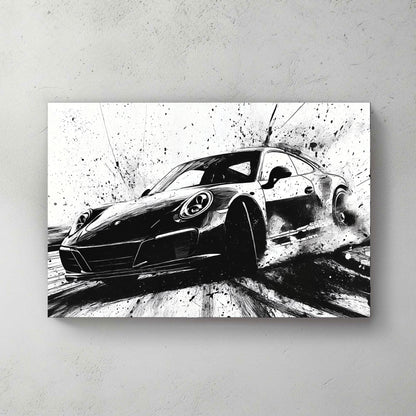Black and white Porsche drifting wall art with ink splash style