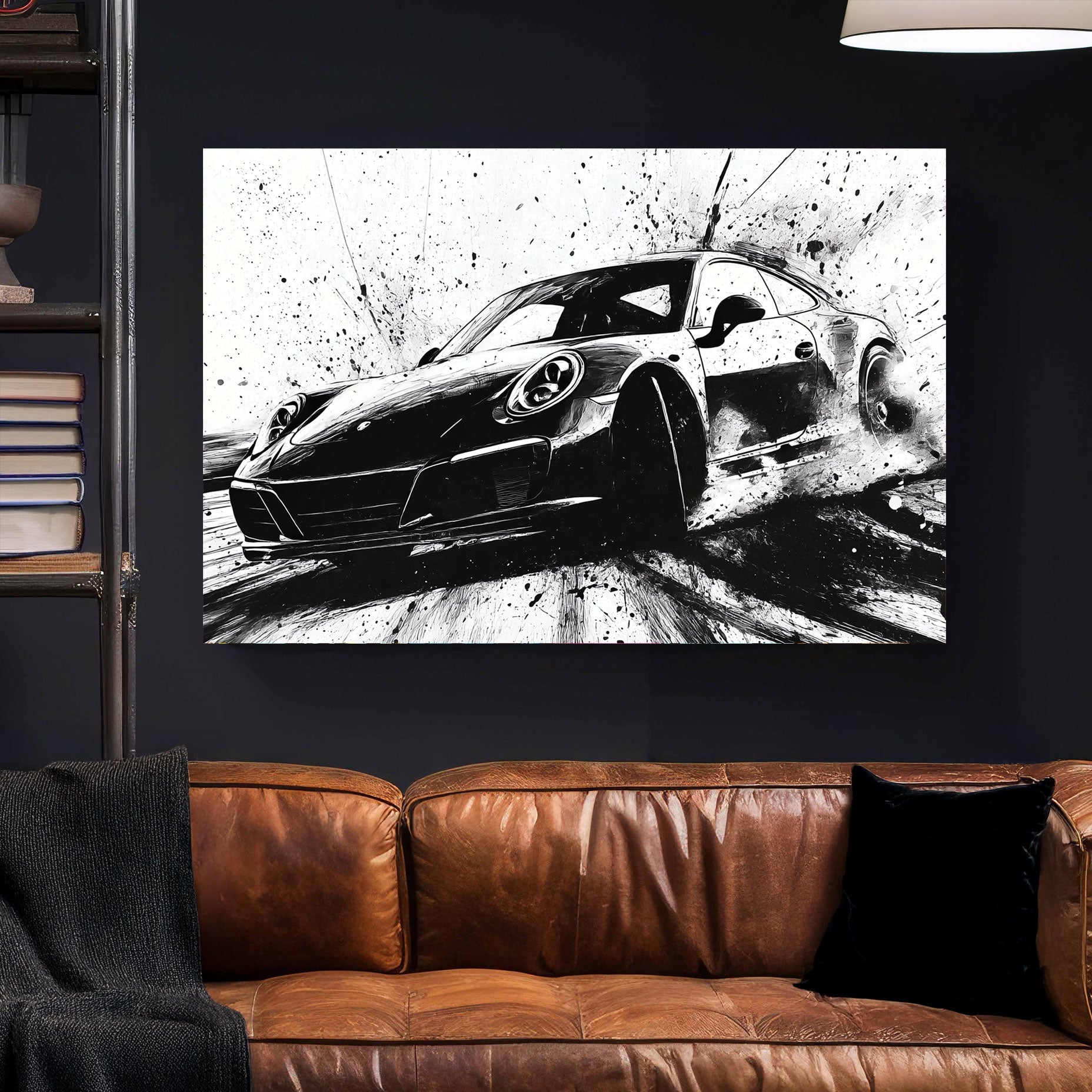Black and white Porsche drifting wall art with ink splash style