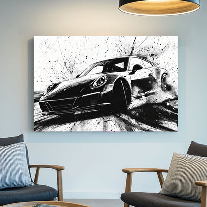 Black and white Porsche drifting wall art with ink splash style