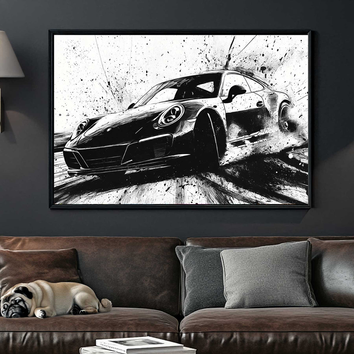 Black and white Porsche drifting wall art with ink splash style