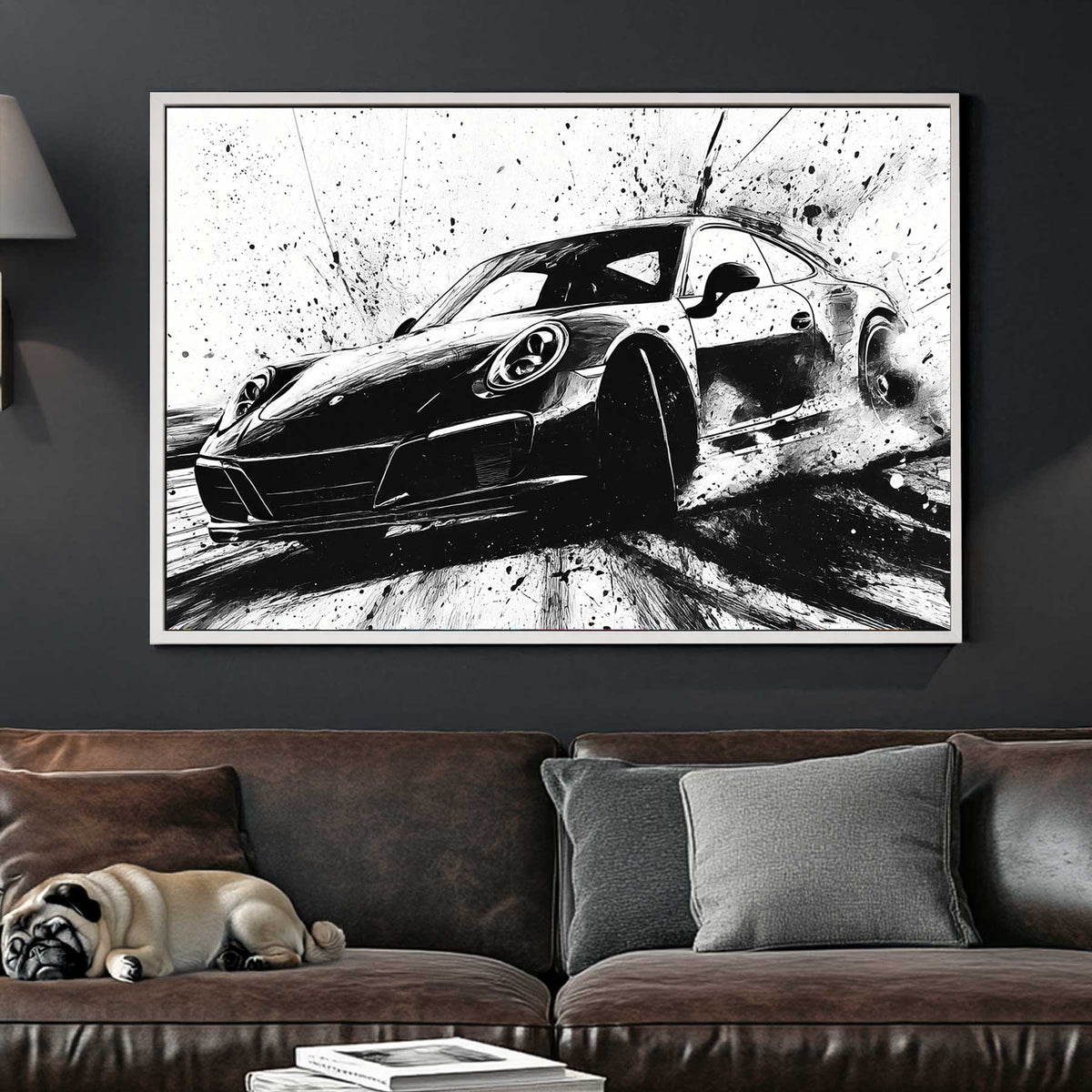 Black and white Porsche drifting wall art with ink splash style
