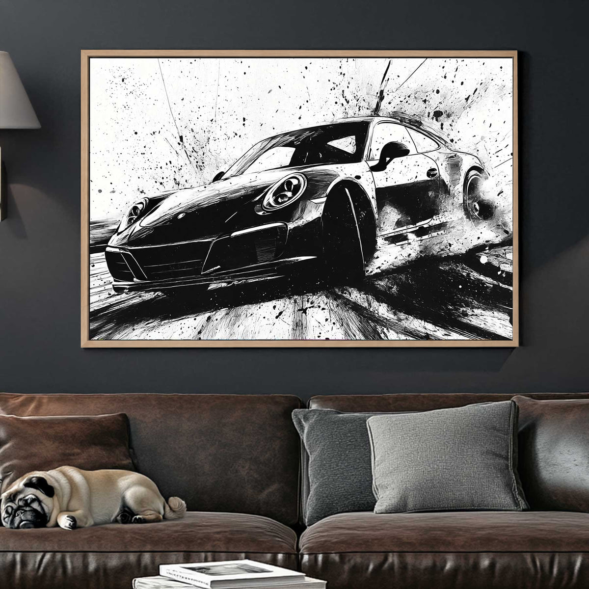 Black and white Porsche drifting wall art with ink splash style