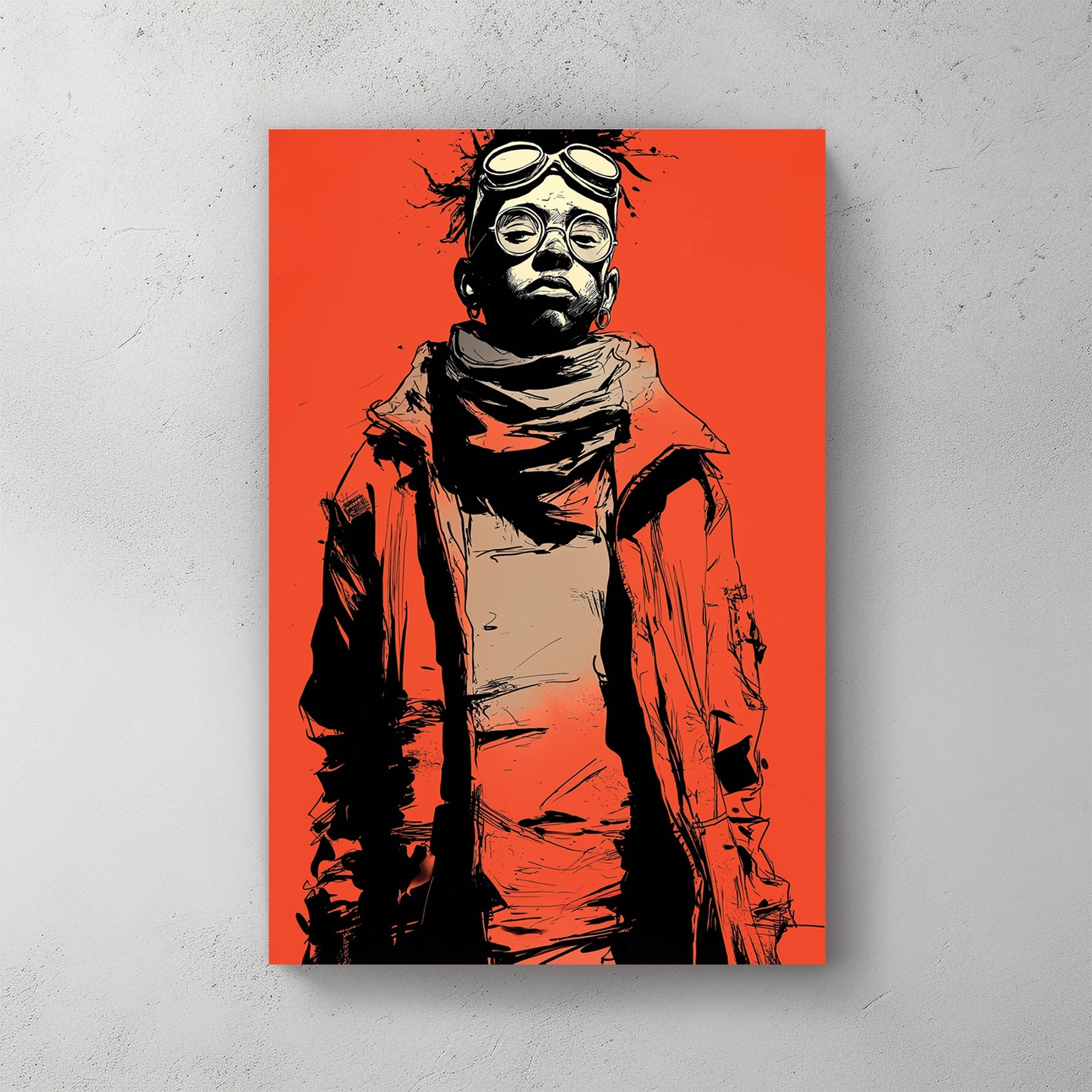 Graphic pop art portrait of person in red jacket with goggles on red background