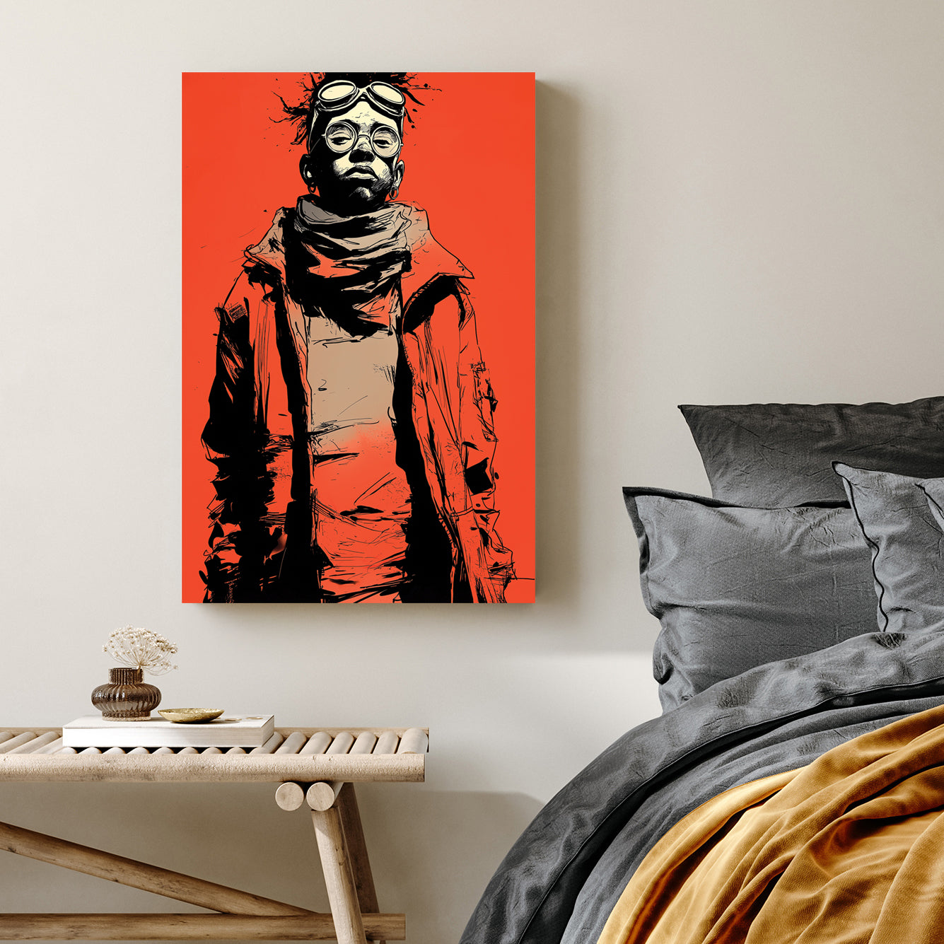 Graphic pop art portrait of person in red jacket with goggles on red background