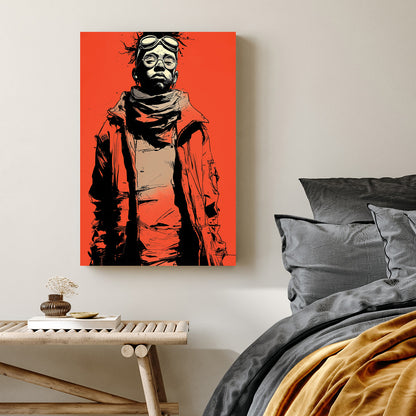 Graphic pop art portrait of person in red jacket with goggles on red background