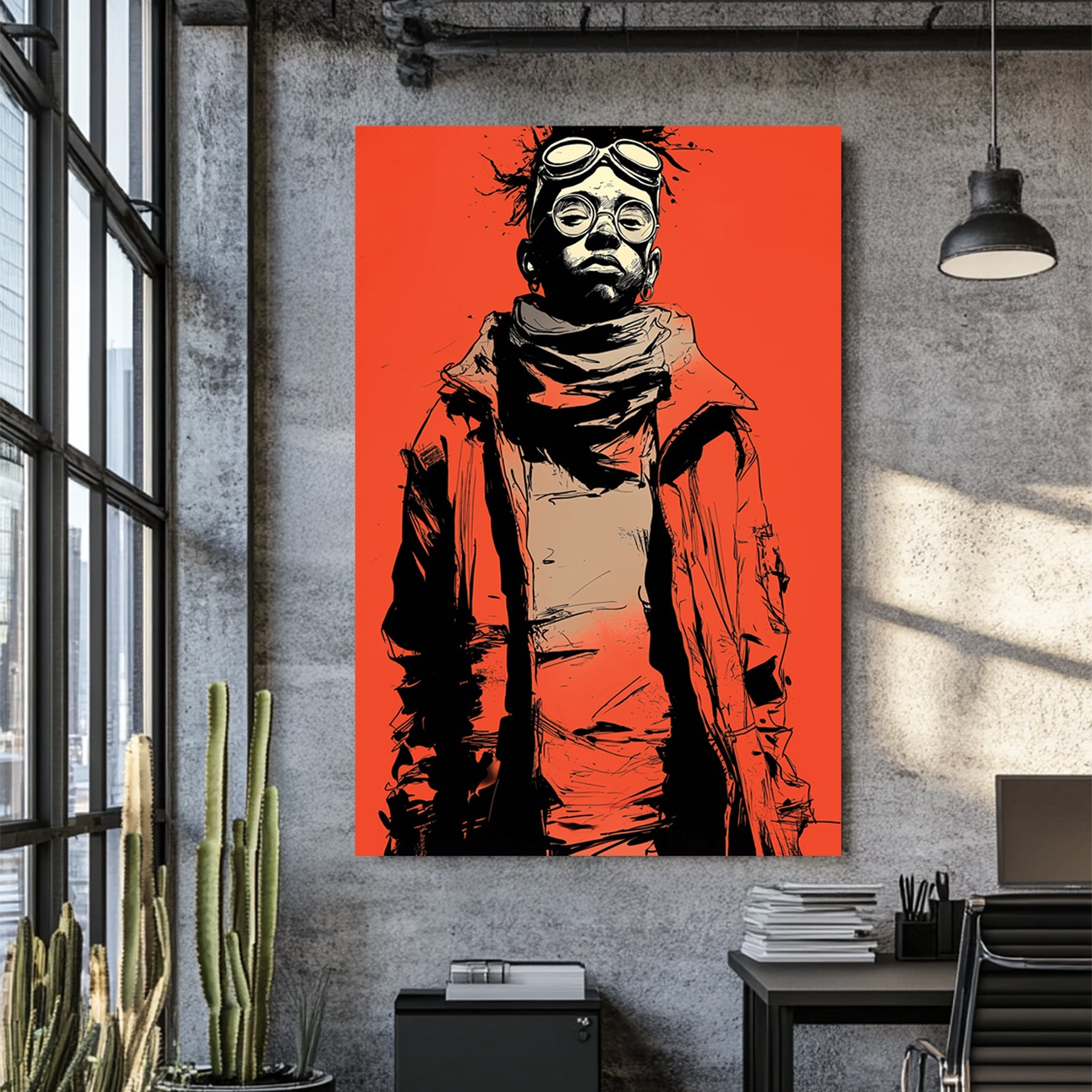 Graphic pop art portrait of person in red jacket with goggles on red background
