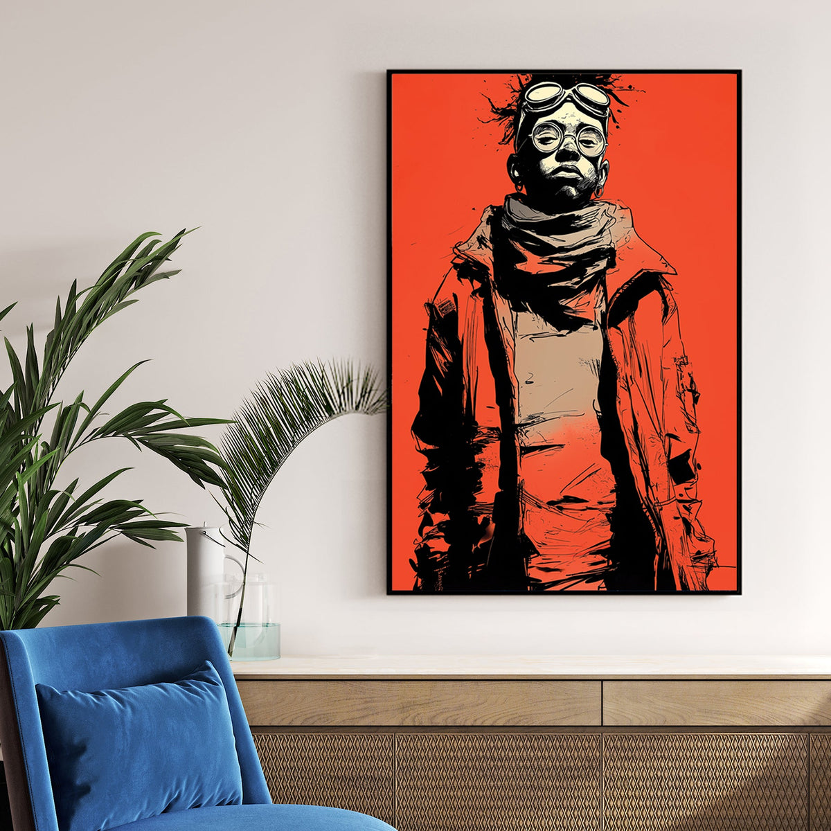 Graphic pop art portrait of person in red jacket with goggles on red background