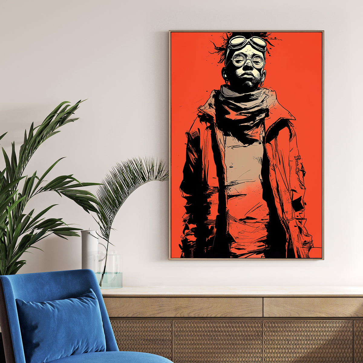 Graphic pop art portrait of person in red jacket with goggles on red background