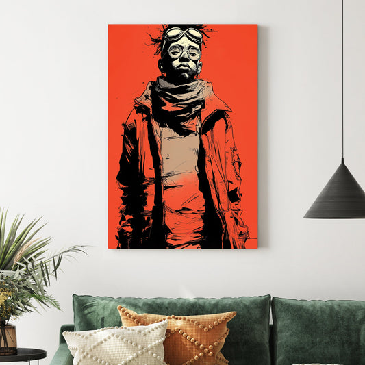 Graphic pop art portrait of person in red jacket with goggles on red background