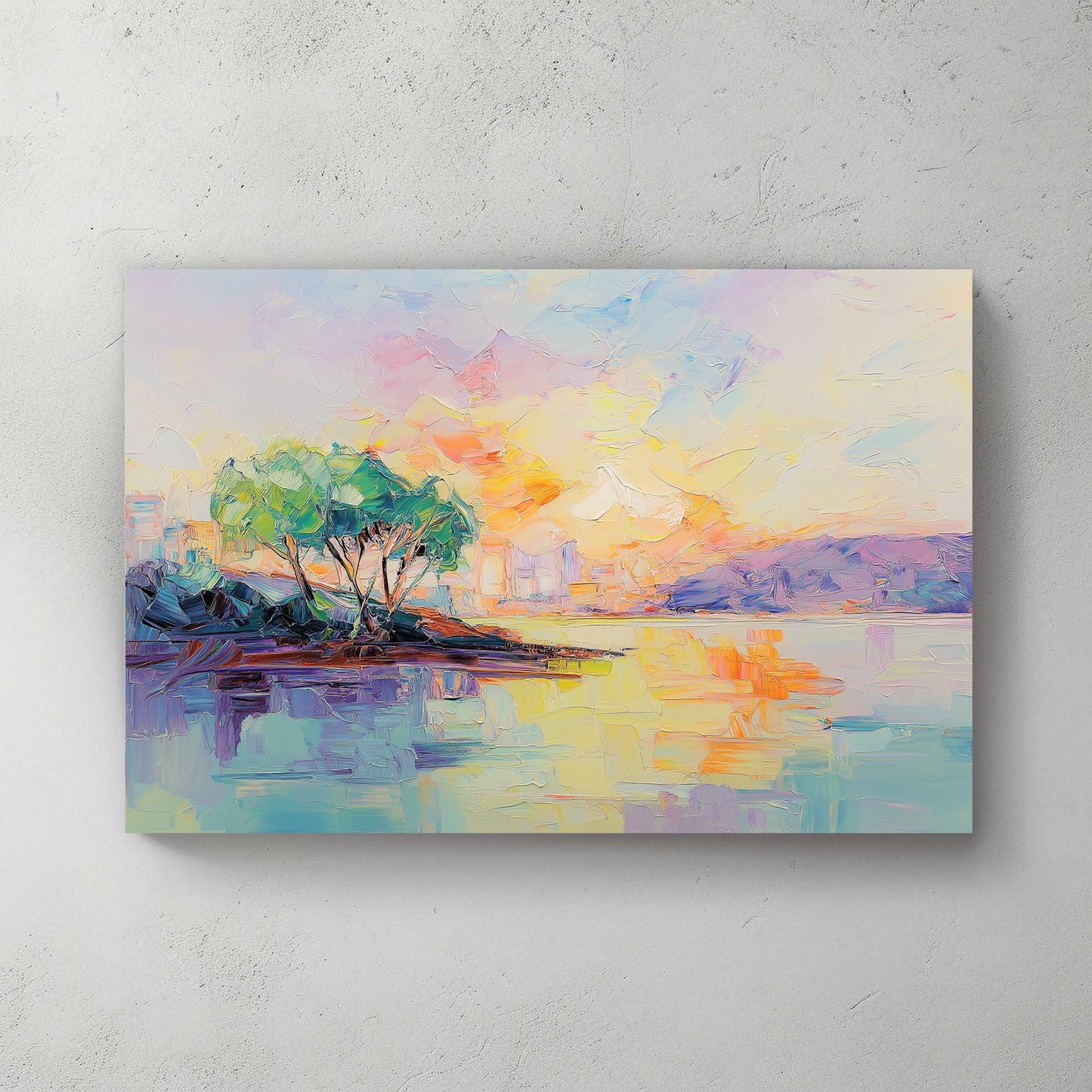 Impressionist pastel sunset over water with trees and colourful sky