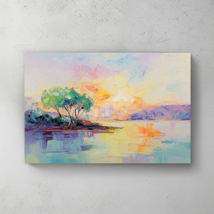 Impressionist pastel sunset over water with trees and colourful sky