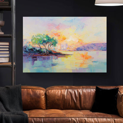 Impressionist pastel sunset over water with trees and colourful sky