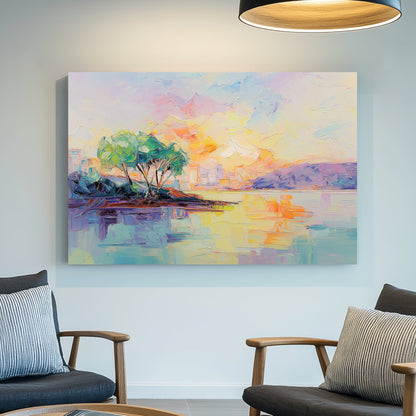 Impressionist pastel sunset over water with trees and colourful sky