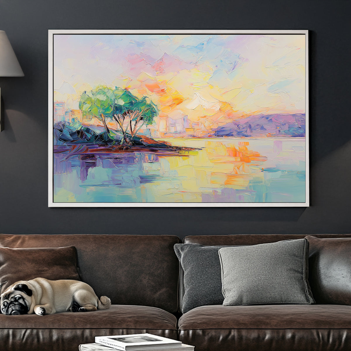 Impressionist pastel sunset over water with trees and colourful sky