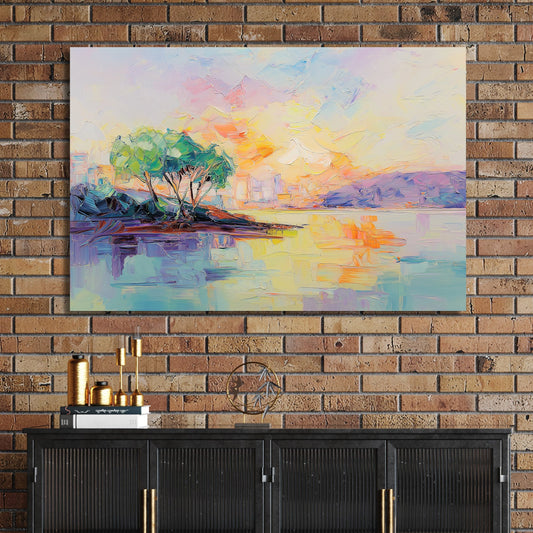 Impressionist pastel sunset over water with trees and colourful sky