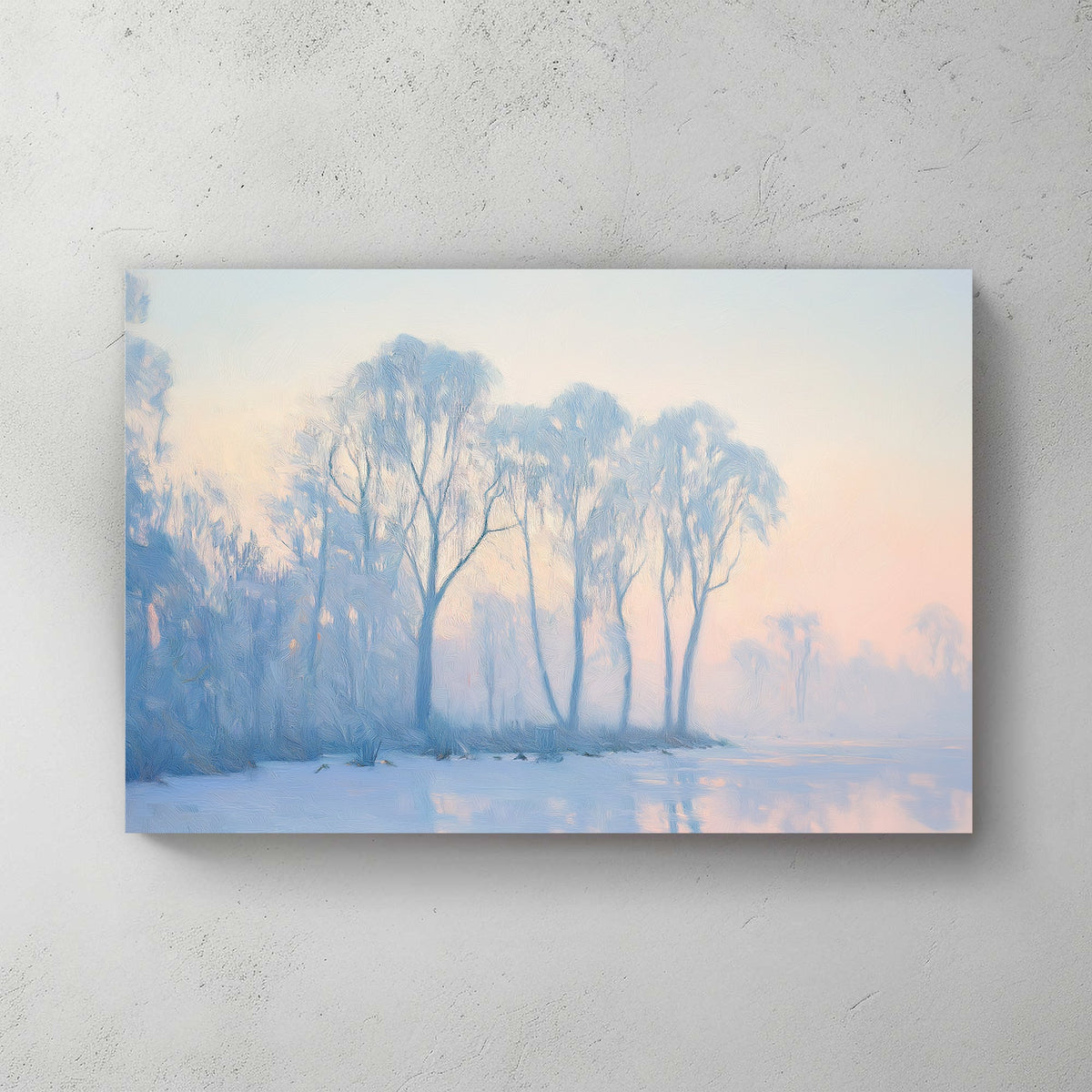 Winter landscape with frosty trees and frozen lake in pastel hues