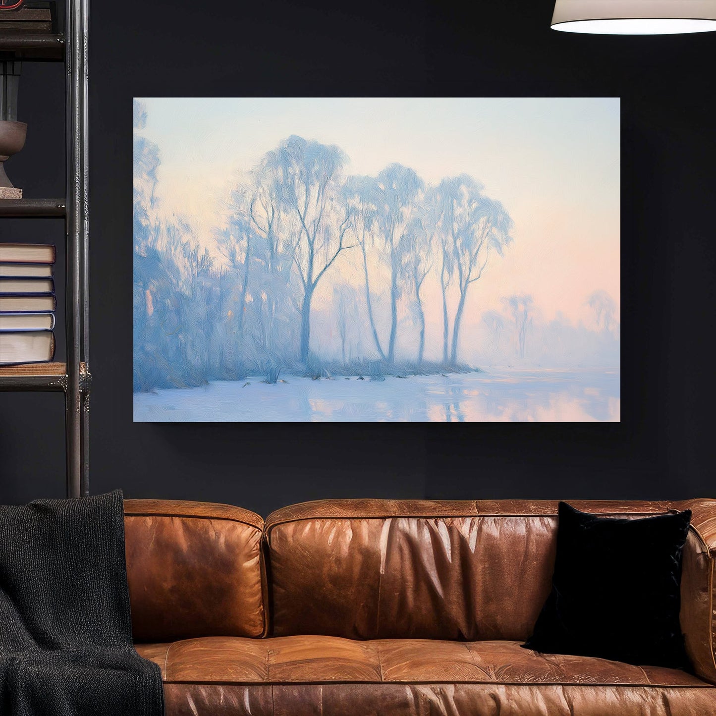 Winter landscape with frosty trees and frozen lake in pastel hues